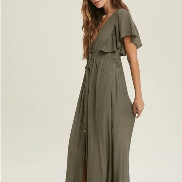 New Bohemian Long Olive Maxi Summer Dress Ruffled Sleeves - Picture 5 of 5